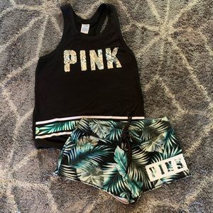 VS PINK TANK AND SHORT SET ❤️ palm leaf print
